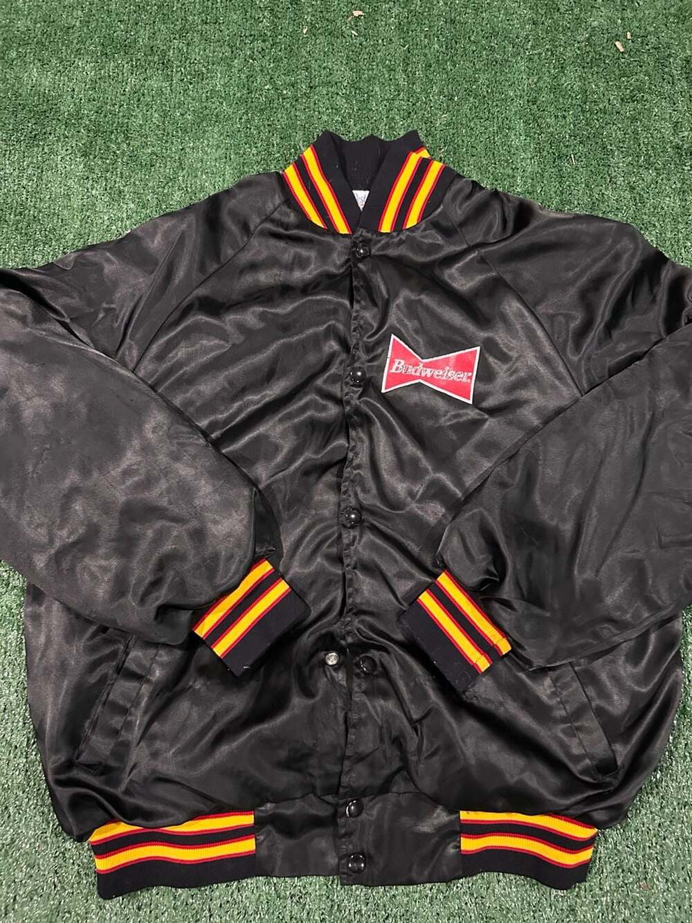 Budweiser Vintage Satin Bomber Jacket Black with Red and Yellow Striped Collar a